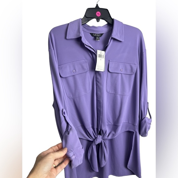 Lauren Ralph Lauren Women's Tie-Front Stretch Jersey Shirt NWT Large - Picture 7 of 9
